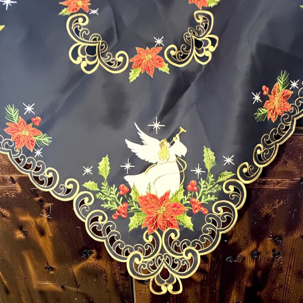 Vintage Square Table Topper 33in Navy Blue Angel Poinsettia Holiday Christmas